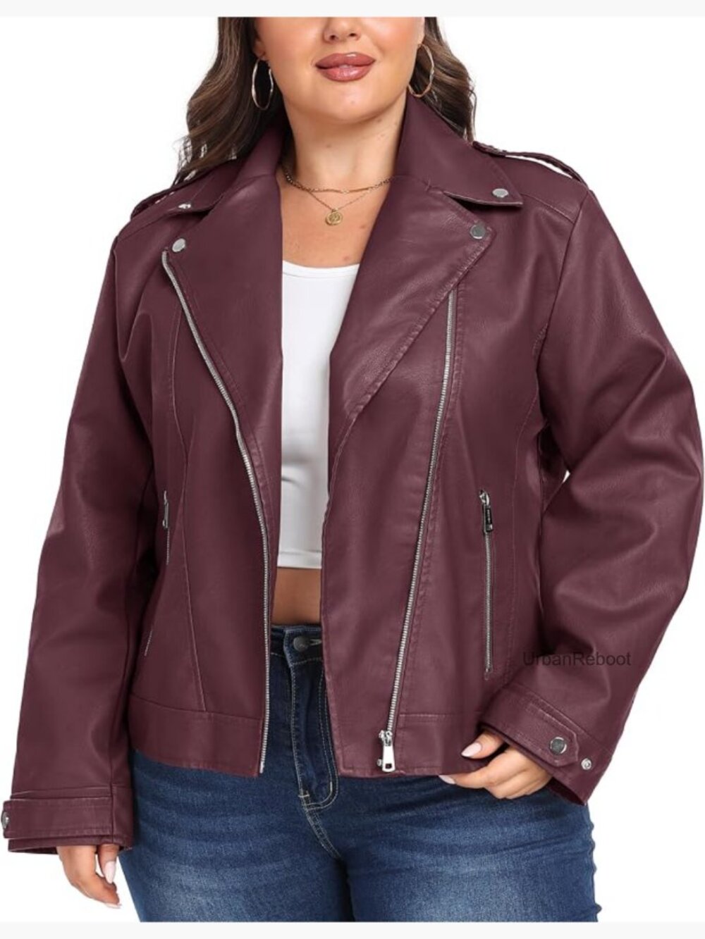 Plus Size Faux Leather Moto Jacket Lapel Collar Short Coat